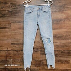 American Eagle Jeans 4 R Jegging Low Rise Super Stretch Light Wash Denim Raw Hem